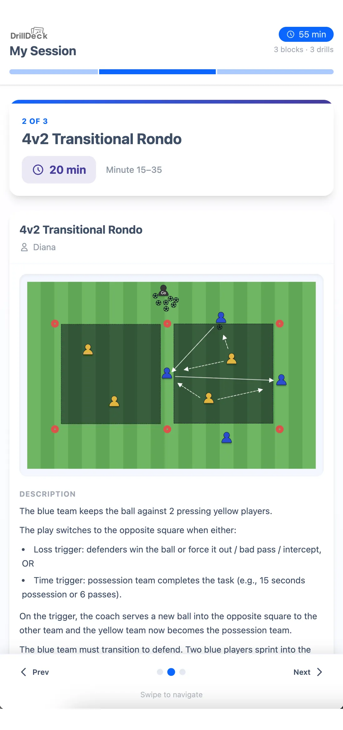 DrillDeck mobile session view showing a soccer training plan with session details and drill cards