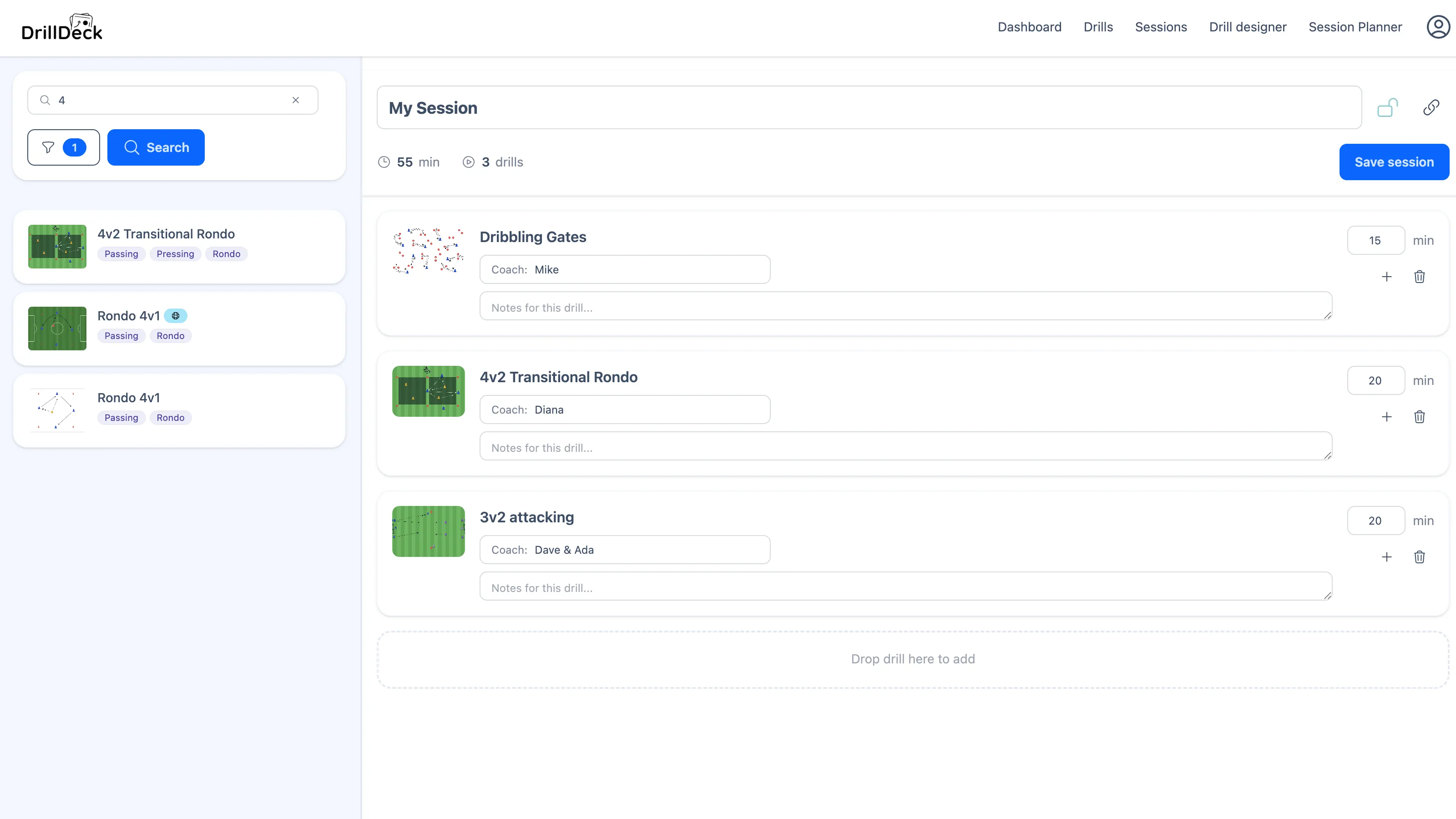 DrillDeck session planner showing a soccer training session with timed blocks, assigned drills, and session notes
